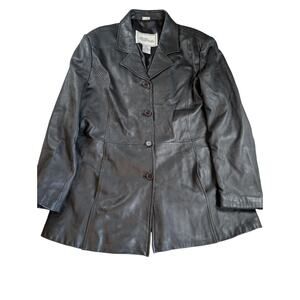 Modern Essentials Womens Black Long Button Front 100% Leather Jacket Large